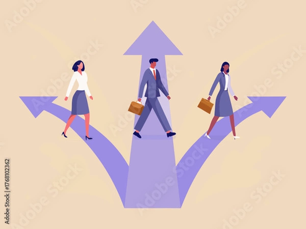 Fototapeta Diverse business professionals walking on diverging paths representing career choices and future direction
