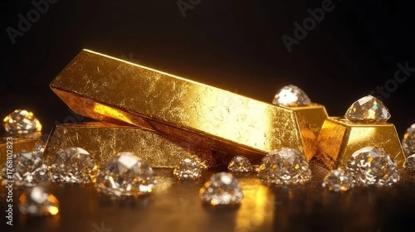 Fototapeta Shiny gold bars stacked with sparkling loose diamonds scattered around on a reflective dark surface