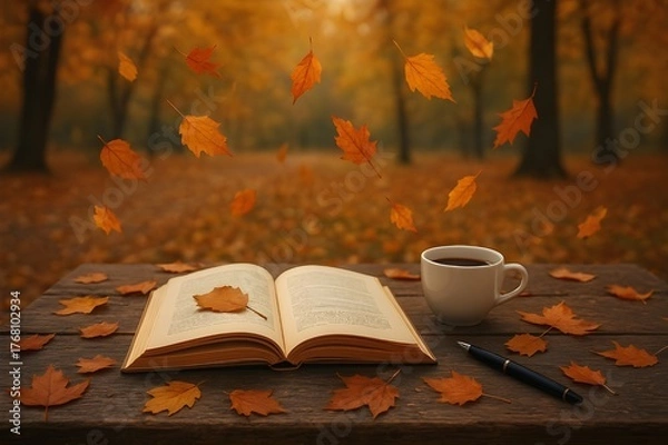 Fototapeta open book with coffee cup on wooden table under falling autumn leaves

