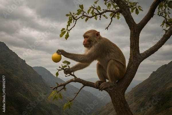Fototapeta monkey picking fruit from tree branch in misty mountain landscape
