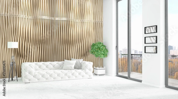 Fototapeta Brand new white loft bedroom minimal style interior design with copyspace wall and view out of window. 3D Rendering.