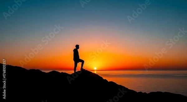Obraz Silhouette of a man standing on a hill at sunset, looking out over the ocean with vibrant orange and blue sky, enjoying the view