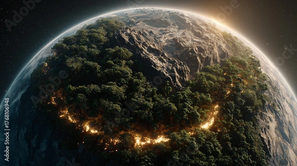 Fototapeta Global wildfire impact on earth's ecosystem space view digital art environmental awareness