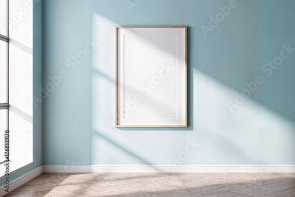 Fototapeta Sunlit minimalist interior with a blank frame, ideal for showcasing art or photography. Evokes calm, freshness, and modern style. A bright and inviting space.