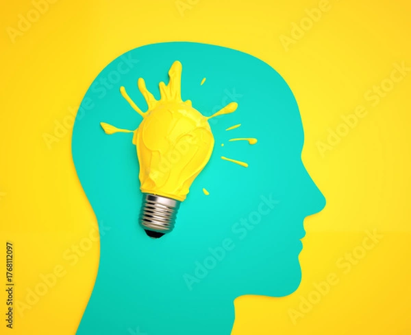 Obraz Bright concept of creativity with a colorful light bulb in a head silhouette on a vivid background
