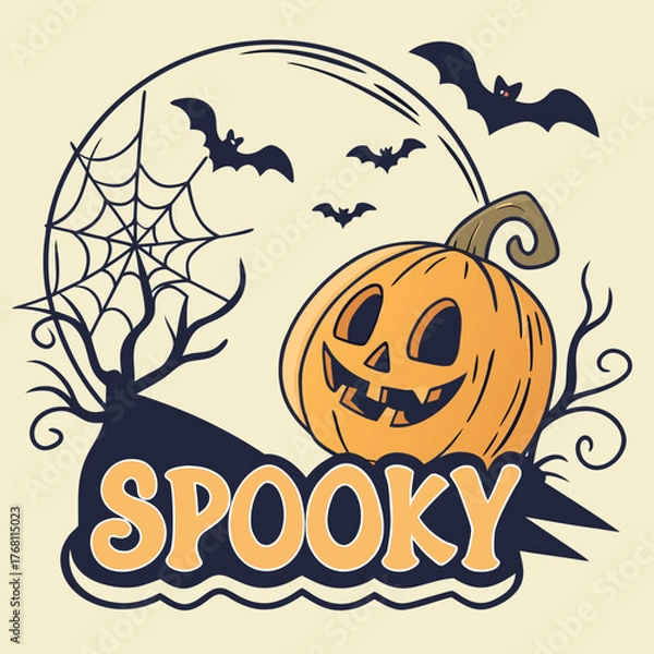Obraz Spooky Halloween Design with Jack-o'-Lantern, Bats, and Moon