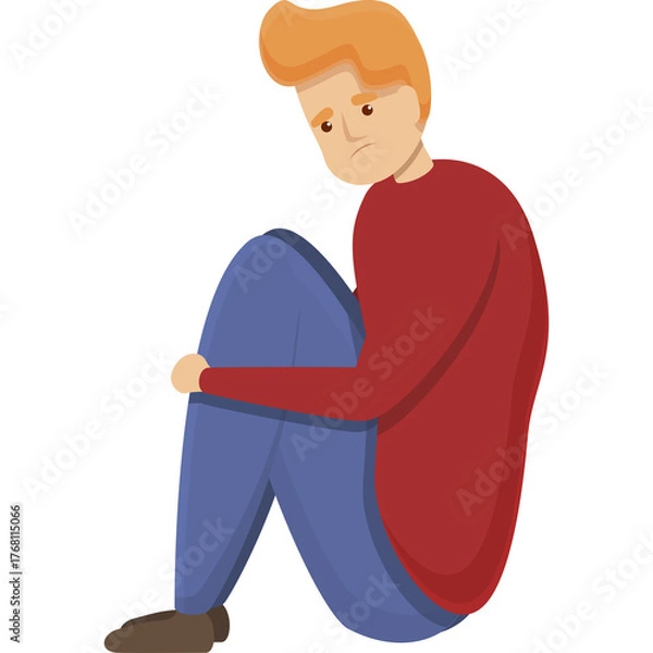 Fototapeta Sad Young Man Sitting In Crouched Position Wearing Red Sweater And Blue Jeans With Orange Hair On Transparent Background