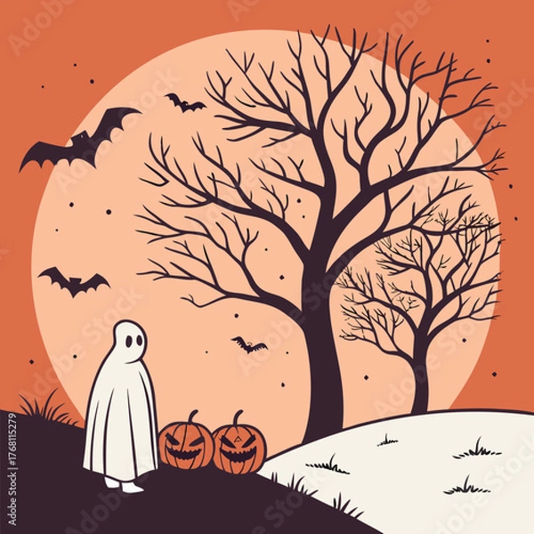 Obraz Cartoon Halloween Scene with Ghost, Bats, and Pumpkins Vector Illustration.