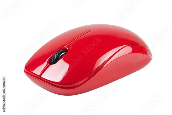 Obraz Computer equipment technology. Red dark wireless computer mouse isolated on cut out PNG or transparent background. Modern design highlights smooth curves and minimalistic buttons. Stylish appearance. 