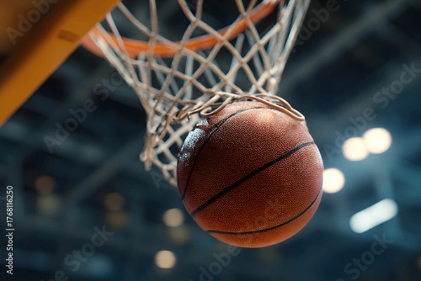 Obraz Basketball ball flies into stadium hoop or basket net on open basketball court. Basketball is an indoor sport. Copy space for text. Points are scored by throwing or shoot ball into hoop from above. 