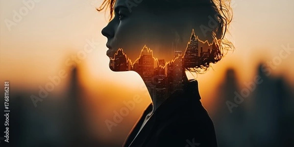 Fototapeta Double exposure image of businesswoman superimposed on stock chart lines