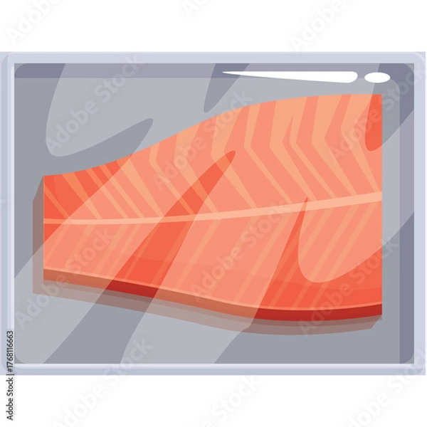 Fototapeta Salmon fillet in clear plastic packaging with gray backing showing pinkish-orange flesh and white marbling isolated on a transparent background