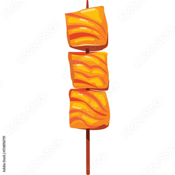 Fototapeta Salmon Skewer With Three Cubes Of Cooked Fish On A Stick Against A White Background