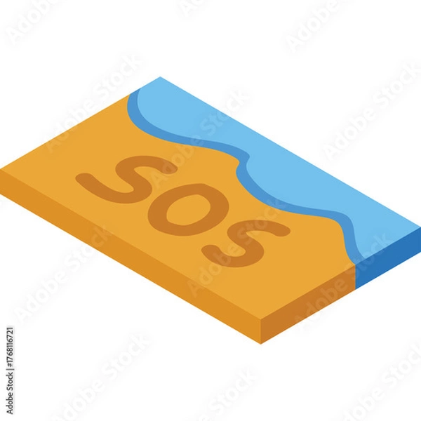 Fototapeta Sand Island SOS Message Floating on Water with Blue Waves and SOS Sign in Golden Yellow Sandy Beach with Transparent Background