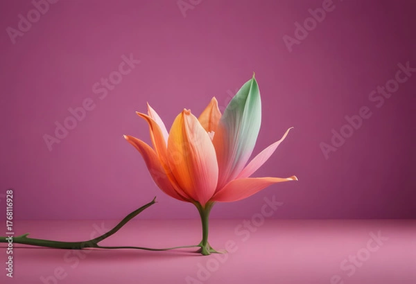 Fototapeta Orange Flower in Small Clay Vase on Purple Background
