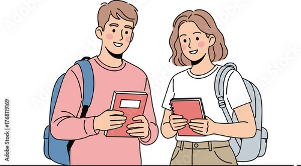 Fototapeta Smiling Students Holding Notebooks in Class: Happy young man and woman with backpacks studying together, teamwork in college, education success, learning concept, modern vector illustration for presen
