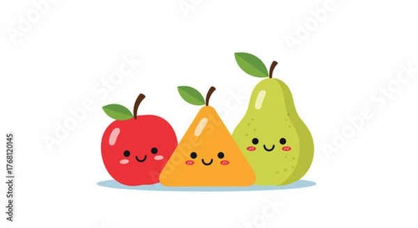 Fototapeta Three cute cartoon fruits, an apple, a triangle fruit, and a pear, stand together smiling.