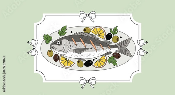 Obraz Whole grilled fish on a platter with lemon slices, olives, and parsley sprigs.