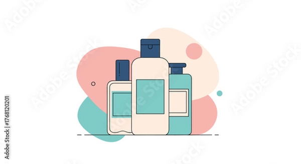 Fototapeta Illustration of three assorted cosmetic bottles with blue caps and light blue labels on a white background with soft pink and teal abstract shapes.