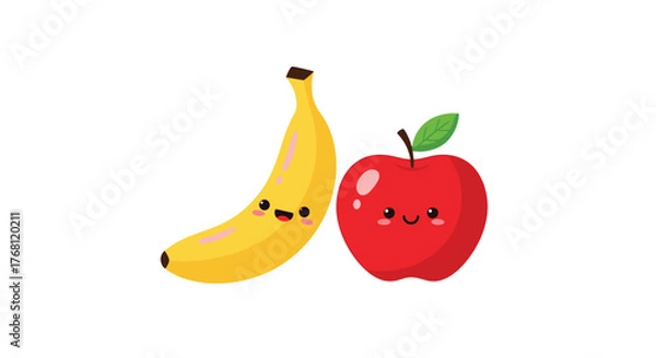 Fototapeta A cute cartoon banana and a red apple with smiling faces stand side by side.