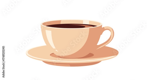 Fototapeta A beige cup of dark coffee sits on a matching saucer on a white background.