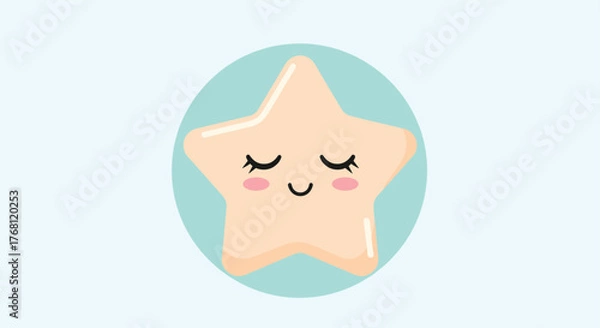 Fototapeta Cute cartoon star with closed eyes and a smiling mouth in a light blue circle.