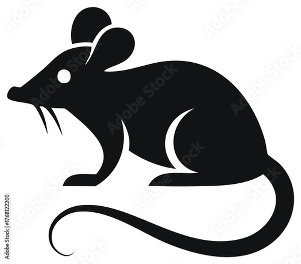 Fototapeta Stylized Black Mouse Illustration Showing Small Rodent with Long Curled Tail Symbol