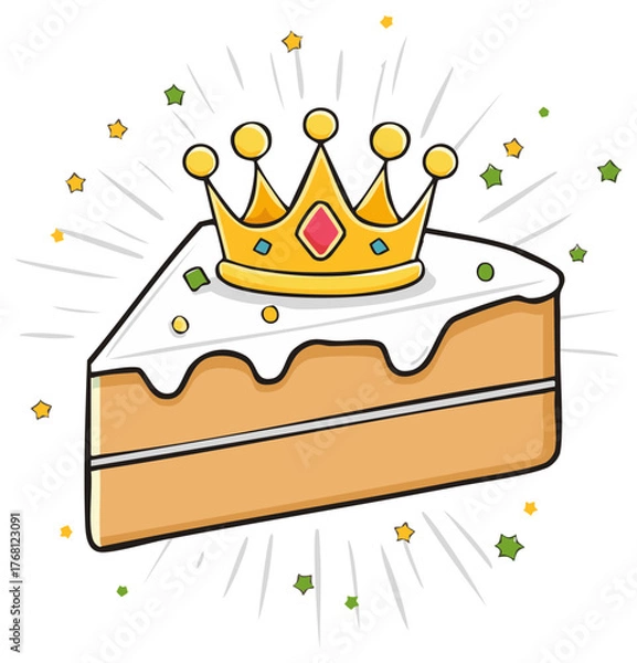 Fototapeta Slice of cake with crown and festive confetti celebrating a special occasion