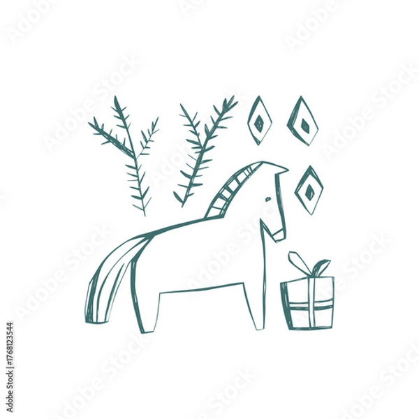 Fototapeta Hand drawn scandi christmas horse with tree branches and gift in nordic folk minimal style for cozy festive design projects