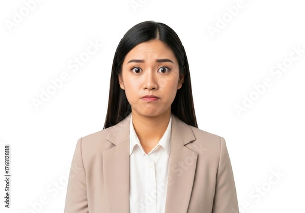 Obraz Worried asian businesswoman portrait with concerned expression, professional attire, png image for design projects isolated on transparent background