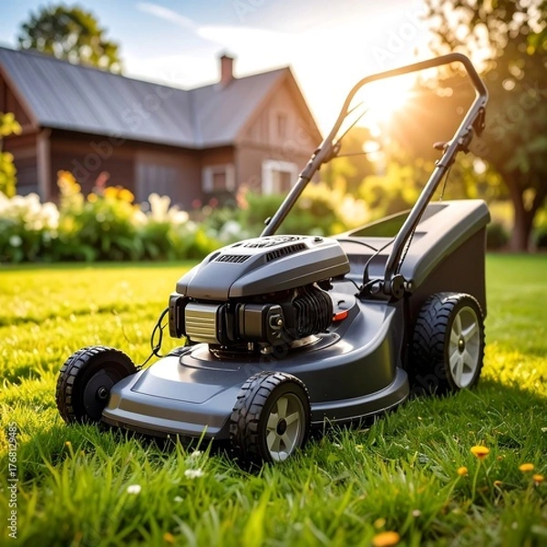 Obraz Lawn mower in a garden at sunset