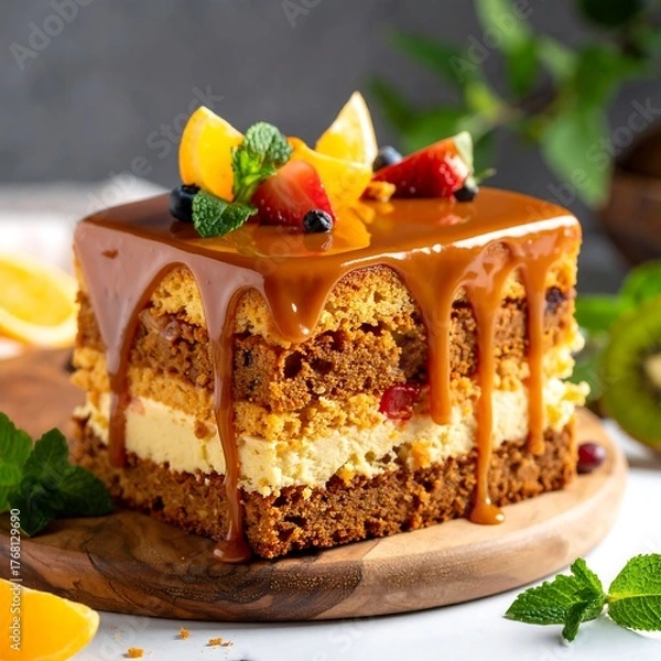 Obraz Layered caramel cake with fruit