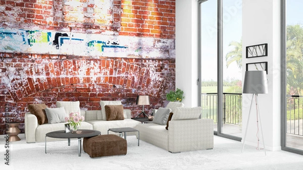 Fototapeta Brand new white loft bedroom minimal style interior design with copyspace wall and view out of window. 3D Rendering.