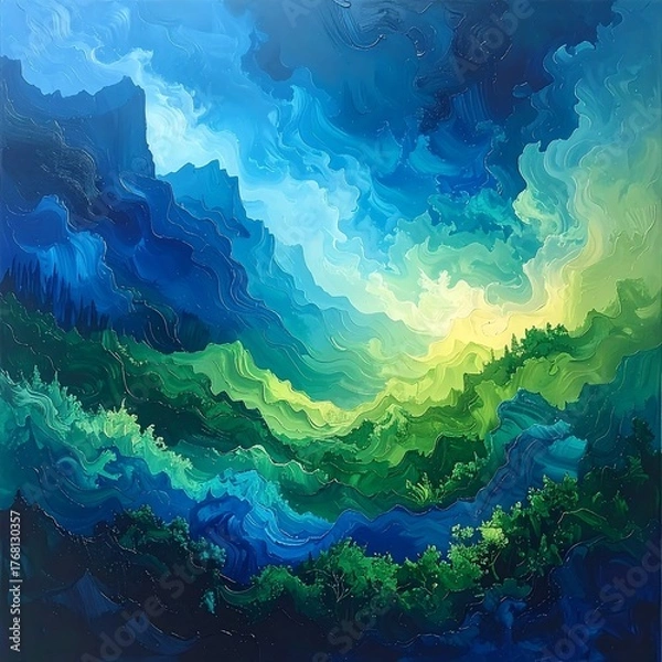 Obraz Layered landscape of vibrant blues and greens