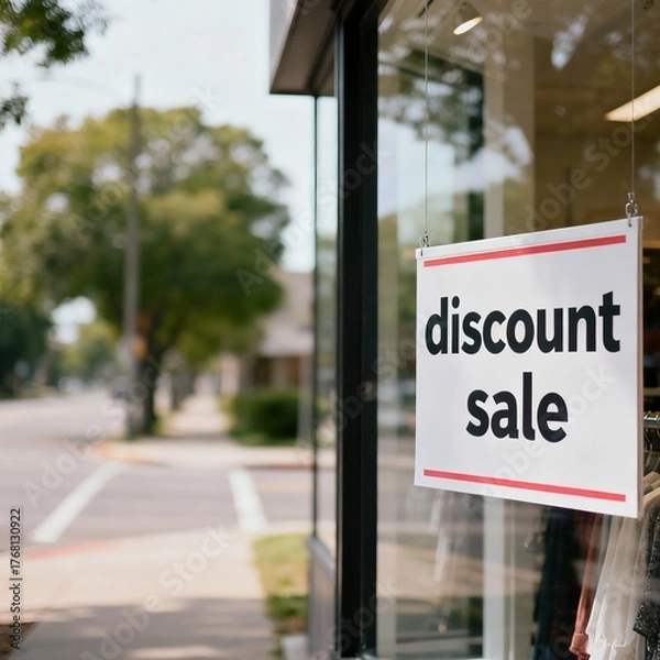 Fototapeta AI-generated image of a store window with a hanging discount sale sign, retail promotion signage outside clothing shop, commercial marketing display in urban street environment.