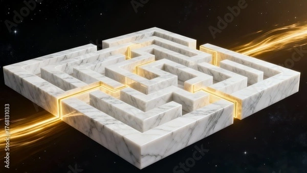 Fototapeta Futuristic marble maze with glowing golden light and dark space background. Generative AI.