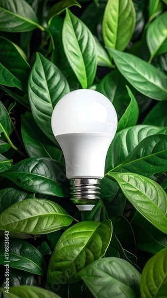 Obraz LED bulb surrounded by lush green leaves