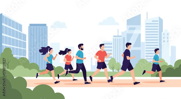 Obraz Diverse group of people jogging together through a park with city skyscrapers in the background.