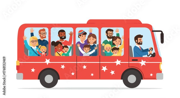 Obraz Diverse group of people waving from windows of a red tour bus on a white background.