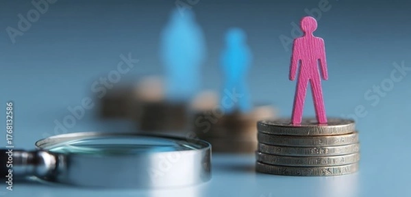 Fototapeta A pink figure stands atop a stack of coins, with a magnifying glass in the foreground, and blurred figures in the .
