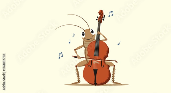 Obraz A cartoon grasshopper plays the cello with musical notes floating around it.