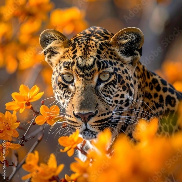 Obraz Leopard surrounded by bright orange blossoms