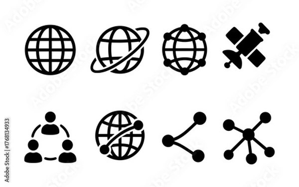 Obraz Set of black global network and communication icons including globe, satellite, connected people, and share nodes. Flat icon style