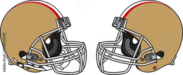 Fototapeta Golden American football helmet with a white facemask. Helmets with and without a chin strap