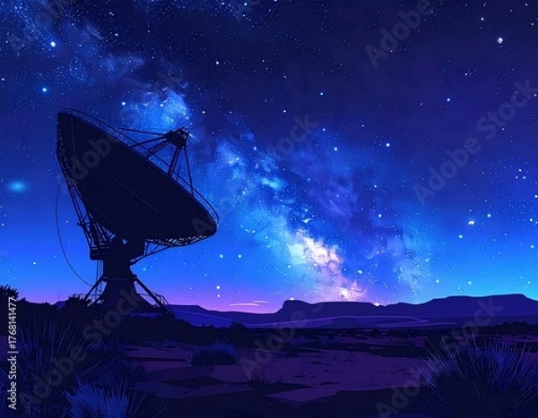 Obraz Celestial Sentinel: A captivating image showcases a large radio telescope silhouetted against a breathtaking night sky, its dish-like structure reaching toward the cosmos.