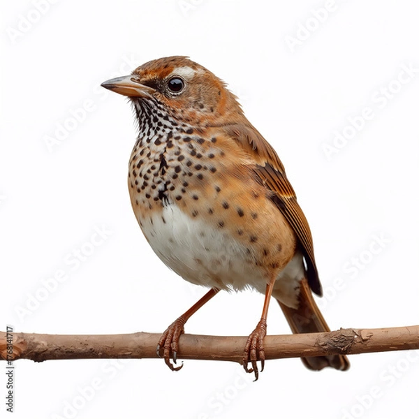 Fototapeta Close-up of a Spotted Thrush perched on a branch, showcasing its rich brown plumage and distinctive black-spotted white breast against a clean white background