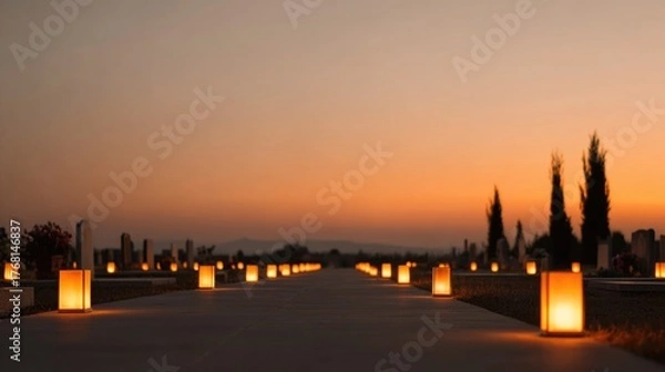 Fototapeta Serene cemetery path illuminated by glowing lanterns at dusk, ev