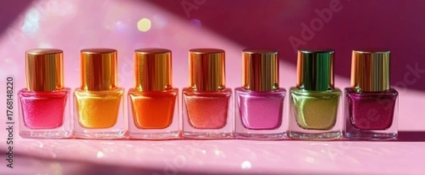 Obraz A Row of Shimmering Nail Polish Bottles with Golden Caps on a Pink Glittery Surface