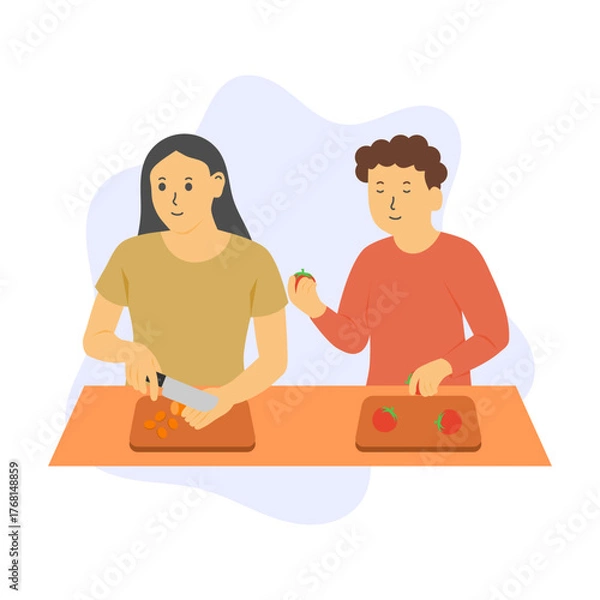 Fototapeta Flat Illustration of Two People Chopping Vegetables on a Cutting Board, Cutting Carrots and Tomatoes. Suitable for Cooking, Food Preparation, and Culinary Arts.