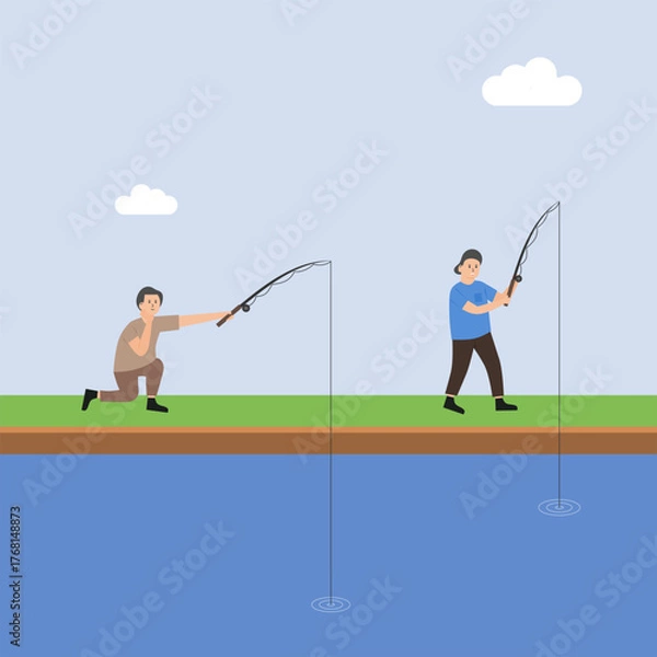 Fototapeta Flat Illustration of Two People Fishing in a River with a Clear Sky and Clouds in the Background. Perfect for Hobbies, Adventures, and Nature Concepts.